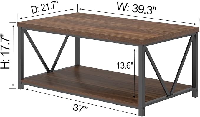 FOLUBAN Coffee Table, Modern Center Table with Storage Shelf, Rustic Wood and Metal Cocktail Table for Living Room, 39.3 Inch Walnut