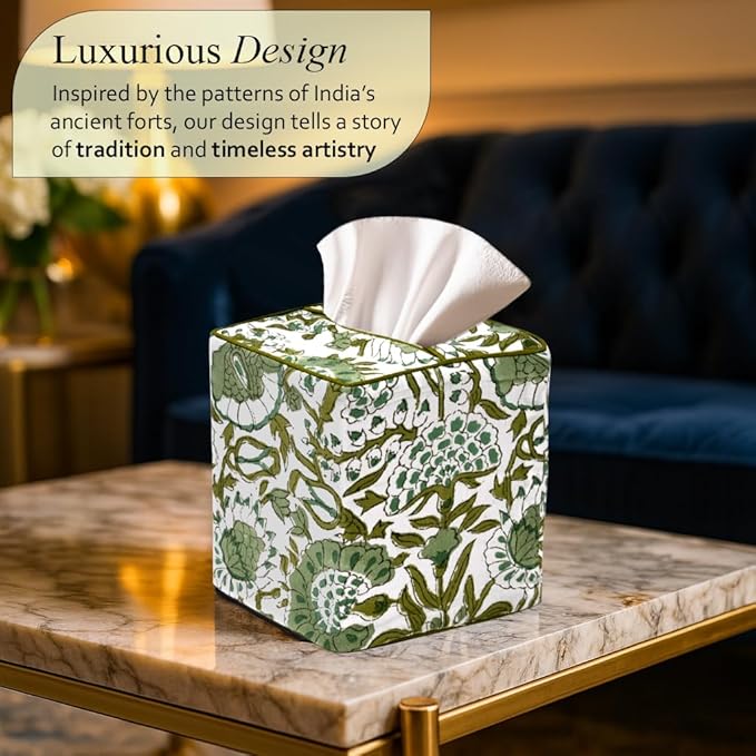 CPC Agate Green Hand Block Printed Cotton Tissue Box Cover 5" x 5" x 5.5" Square Soft Reusable Boho Napkin Holder for Home Kitchen Dining Bathroom Office Cafe Spa Summer Thanksgiving
