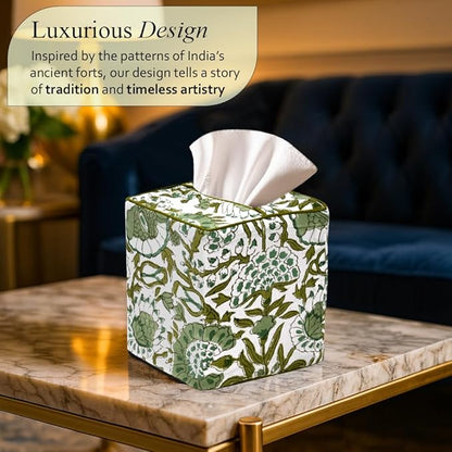 CPC Agate Green Hand Block Printed Cotton Tissue Box Cover 5" x 5" x 5.5" Square Soft Reusable Boho Napkin Holder for Home Kitchen Dining Bathroom Office Cafe Spa Summer Thanksgiving