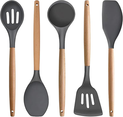 IOCBYHZ Silicone Cooking Utensils Set 5-Piece Non-Stick Kitchen Utensil Set, Wood Handle Heat Resistant Spatula Spoon Turner Soup Ladle Silicone Cooking Kitchen Gadgets BPA Free for Nonstick Cookware