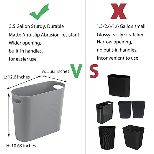 rejomiik Small Trash Can, 3.5 Gallon Slim Garbage Can Plastic Waste Basket with Handles Container Bin for Narrow Spaces Bathroom, Bedroom, Kitchen, Office at Home, Grey