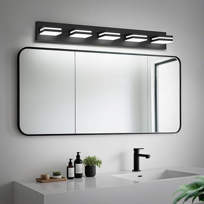 Modern LED Bathroom Lights Fixtures(5-Light),Metal Black Acrylic Wall Lighting,Vanity Lights for Bathroom Over Mirror(6000k 34in)