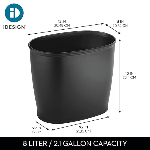 iDesign Slim Plastic Bathroom Trash Can, Small Garbage Bin for Bedroom, Office, Desk, Dorm, Black