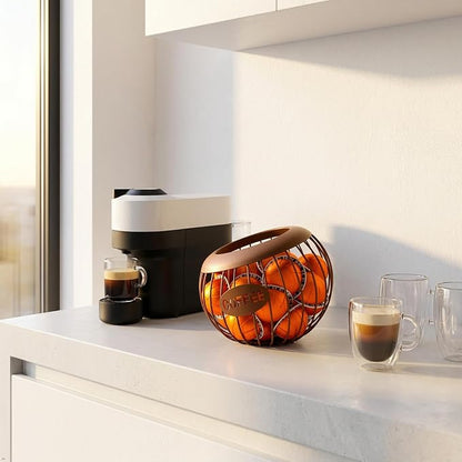 Brown Coffee Pod Holder Basket Compatible with Nespresso Vertuo & K-Cup, Metal Wire Coffee Capsule Organizer for Countertop Storage, Holds Up to 30 Vertuo Pods or 18 K Cups