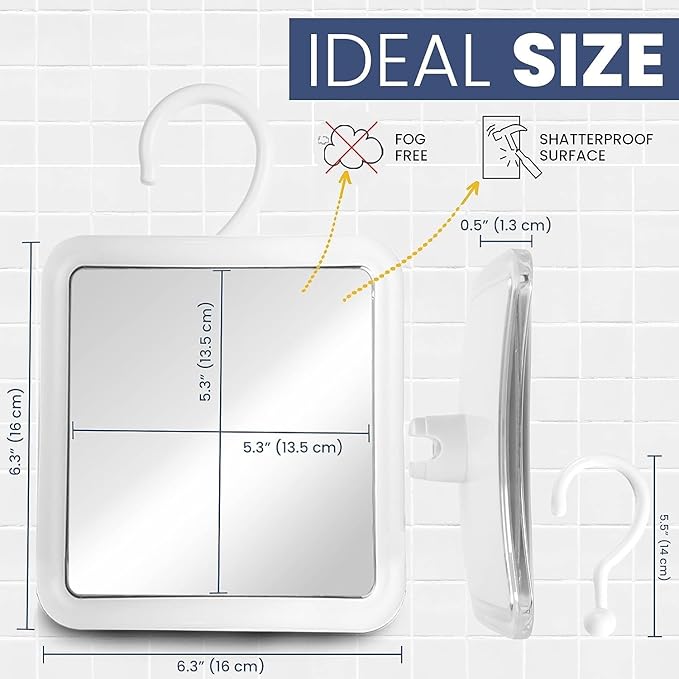 MIRRORVANA Hangable Fogless Shower Mirror for Shaving with 360° Swivel Hook for Hanging - Anti Fog and Shatterproof 6.3" x 6.3" Surface