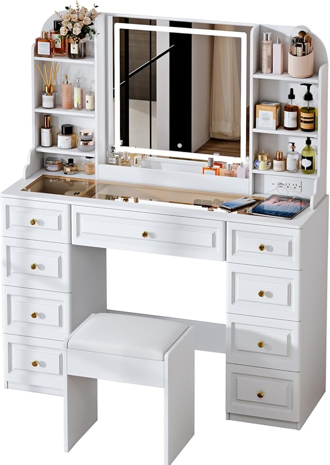 43" Makeup Vanity Desk with Mirror and Lights, & Power Outl, Glass Top Big Vanity Table with 9 Drawers& 8 Storage Shelves, Dressing Table Set with Chair for Bedroom, White