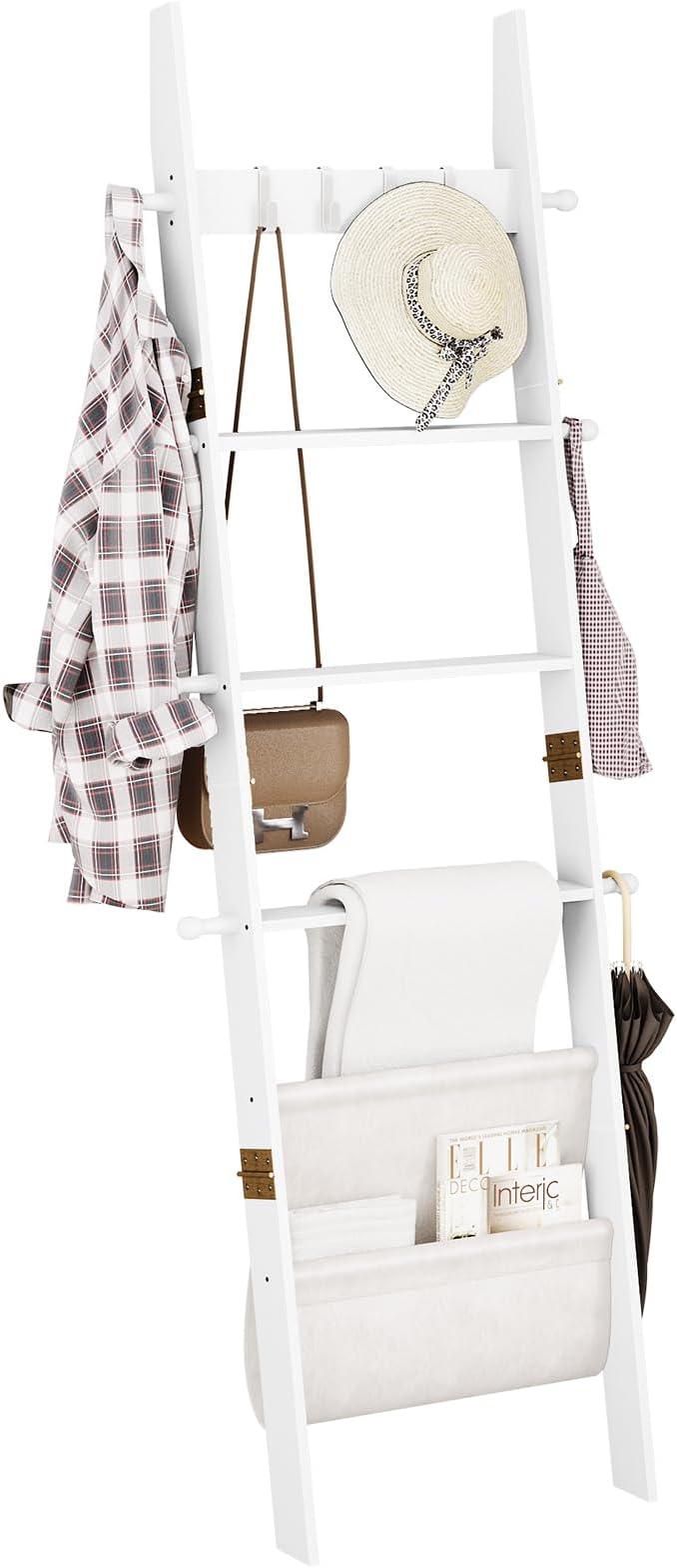 ELYKEN Blanket Ladder for Living Room, 5-Tier Wooden Towel Rack with Synthetic Leather Pocket, 4 Removable Hooks, Decorative Leaning Ladder Shelf for Bedroom, White