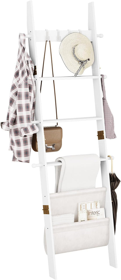 ELYKEN Blanket Ladder for Living Room, 5-Tier Wooden Towel Rack with Synthetic Leather Pocket, 4 Removable Hooks, Decorative Leaning Ladder Shelf for Bedroom, White