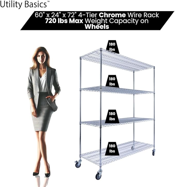 Utility Basics NSF Commercial 4-Tier Wire Shelving with Wheels, 60"x24"x72" Heavy Duty Metal Shelves 3200 lbs Max Capacity, Chrome Storage Rack for Garage Kitchen Pantry Warehouse