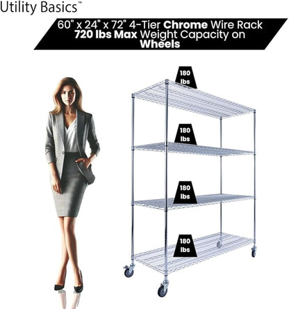 Utility Basics NSF Commercial 4-Tier Wire Shelving with Wheels, 60"x24"x72" Heavy Duty Metal Shelves 3200 lbs Max Capacity, Chrome Storage Rack for Garage Kitchen Pantry Warehouse