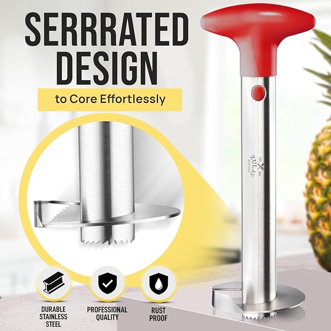 Zulay Kitchen Pineapple Corer and Slicer Tool – Stainless Steel Pineapple Cutter with Eye Remover Tool – Ergonomic Handle & Easy Core Remover – Reinforced Heavy-Duty Blade – Red