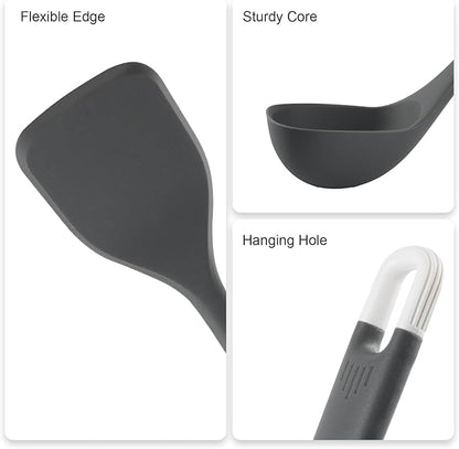 Silicone Kitchen Cooking Utensils Set: MOACC Heat Resistant 13inch Long Kitchen Gadgets, BPA Free Non Stick Rubber Cook Accessories For Food Prep, Frying, Serving, Basting (Dark Grey)