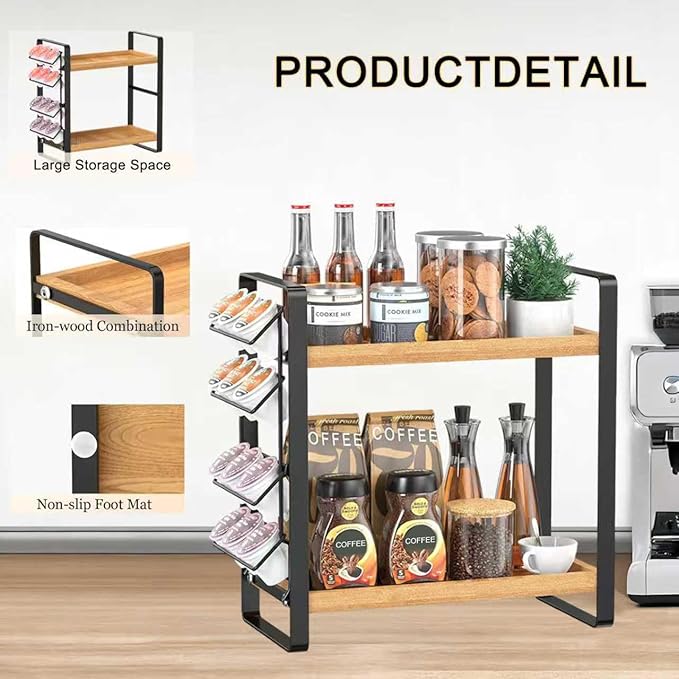 LEMIKKLE Coffee Station Organizer for Counter,Condiment Storage Caddy for Kitchen,2 Tier Wooden Shelf for Coffee Bar Accessories,Coffee Bar Organizer for Kitchen, Home, Office-Brown