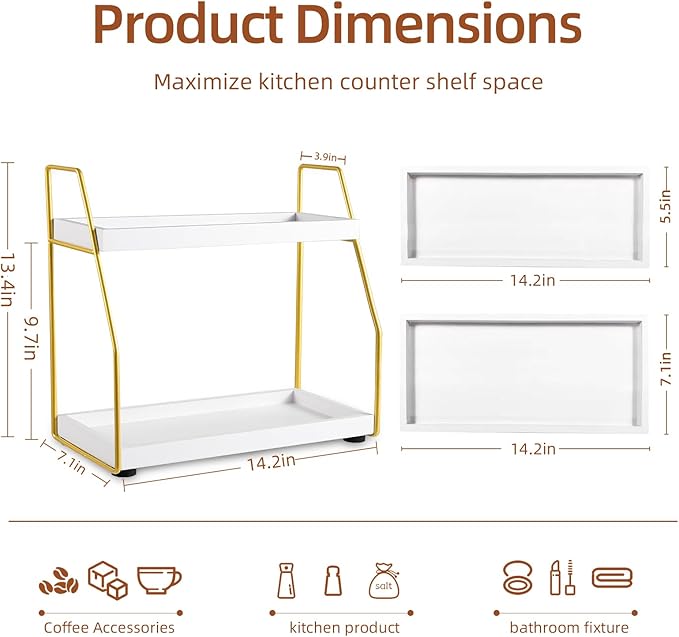 DWTS Coffee Bar Accessories,Coffee Station Organizer with Multi-Functional,CoffeeBar Decor for Accessories,2 Tier Wooden Shelf Gold Metal Station Organizer for Countertop,Syrup