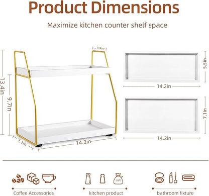 DWTS Coffee Bar Accessories,Coffee Station Organizer with Multi-Functional,CoffeeBar Decor for Accessories,2 Tier Wooden Shelf Gold Metal Station Organizer for Countertop,Syrup