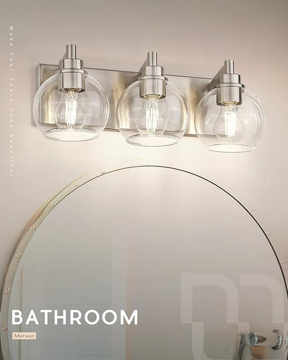 Bathroom Light Fixtures, 3-Light Brushed Nickel Vanity Light, Modern Wall Sconces with Globe Clear Glass Shade, Vanity Lighting Fixtures Over Mirror, VL195-BN-CL-3