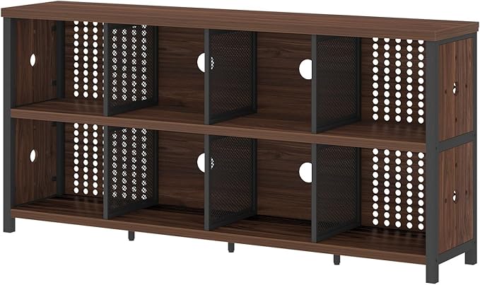 LVB Wood Horizontal Bookshelf, Industrial Long Bookcase Cube Shelf Organizer, Large Wide Low Wooden Metal Cube Book Shelf, Under Window Bookshelves for Office Bedroom Living Room, Walnut, 63 Inch