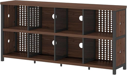 LVB Wood Horizontal Bookshelf, Industrial Long Bookcase Cube Shelf Organizer, Large Wide Low Wooden Metal Cube Book Shelf, Under Window Bookshelves for Office Bedroom Living Room, Walnut, 63 Inch