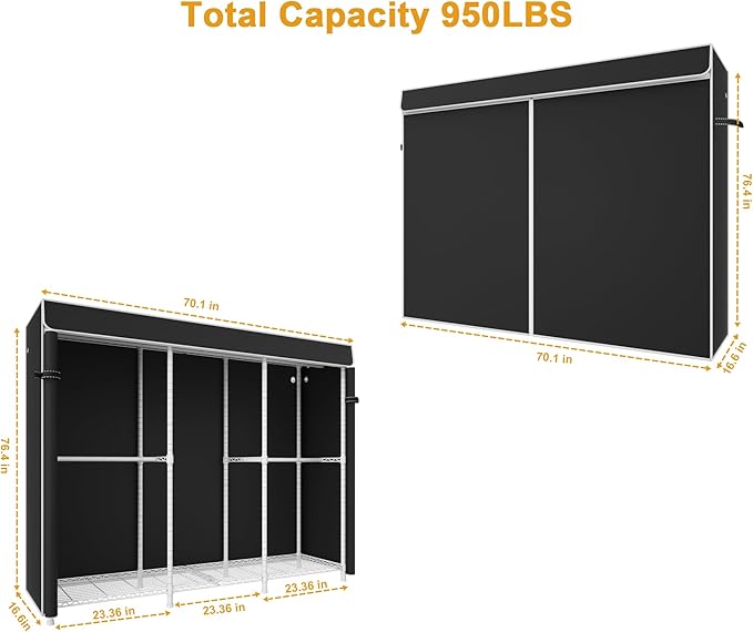 E14C Heavy Duty Closet Organizer System，Freestanding Clothing Racks for Hanging Clothes，Adjustable Garment Rack 70.1" W × 16.6" D × 76.4" H Hold 960 lbs，White Rack with Black Dustproof Cover