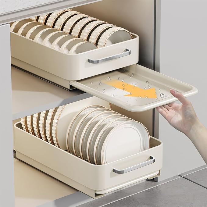 Under Basin Slide-Out Dish Drying Rack (Matte White Deep Shelf): Heavy-Duty Carbon Steel with Drip Tray – Kitchen Cabinet Storage for Pots/Pans/Plates