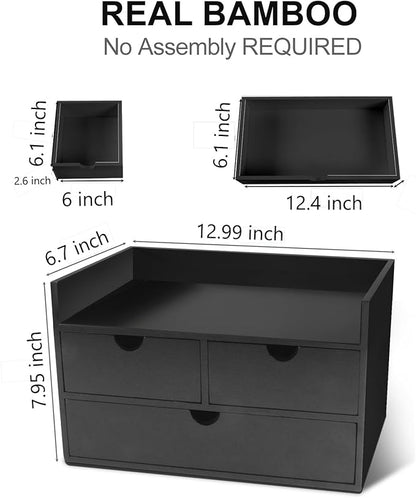 Charmewooden Desk Organizer with Drawers Countertop Drawers Organizer Tabletop Storage Organization Box Home Office Workspace Bathroom Toiletries Supplies (black with shelf)