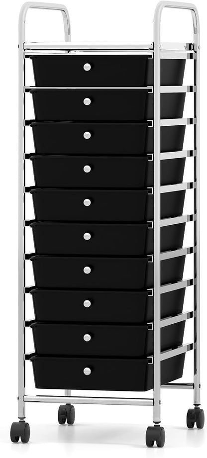 RELAX4LIFE 10-Drawer Rolling Storage Cart, Utility Cart with Metal Frame, Lockable Wheels & Removable Drawers, Multipurpose Art Craft Organizer for Home Office Classroom (Black)
