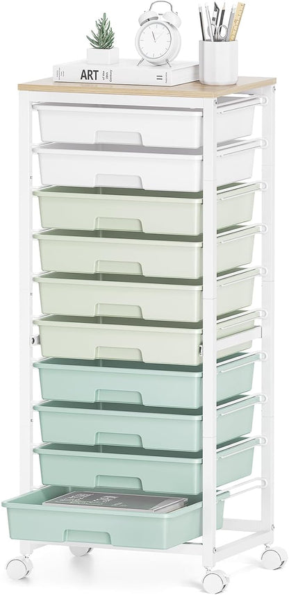 SYKIARIOL Rolling Cart with Drawers,10 Drawer Rolling Cart,Storage Cart,Utility Cart,Teacher Cart for Classroom Storage,Craft Cart with Wheels and Wooden Tabletop,Green