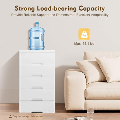 Plastic Dresser for Bedroom with 5 Drawers,Stackable Vertical Storage Tower, Small Dresser Chest of Drawers, Mobile Drawer Storage Cabinet with Wheels for Hallway Entryway,Bedroom Furniture (White)