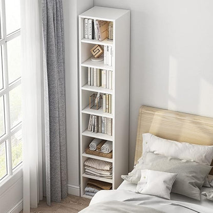 IOTXY Small Narrow Corner Bookcase - 59" Tall Free Standing Gap Storage Cabinet, 6 Lattices Open Shelves Tower Rack with Door, Cubes Bookshelf, White