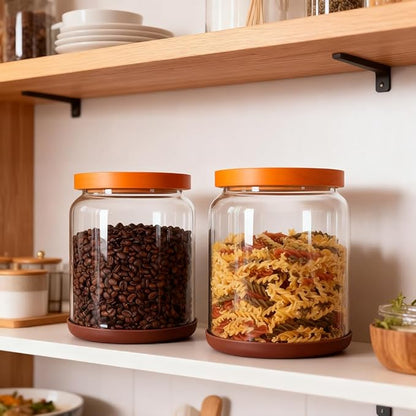 SAIOOL 2-Pack Striped Borosilicate Glass Airtight Canisters - Big mouth Large Capacity, Acacia Wood Lid, Food Storage Jars for Flour, Pasta, Pantry Organization (1/2 Gallon （Yellow Press lid 2 pack）)