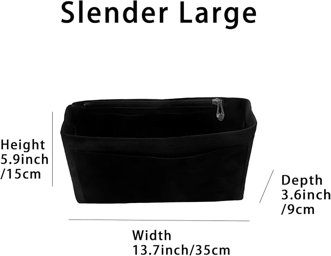 Purse Organizer Insert, Suede Bag Organizer Handbag Tote Shaper, Suede Material, Soft and Non Damaging Bag (Black, Slender Large)