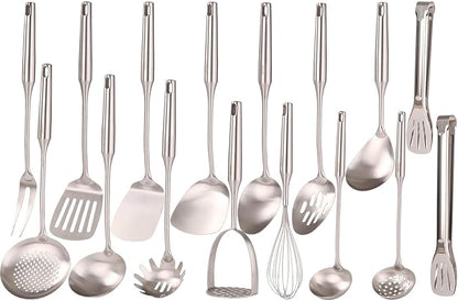 18/10 Stainless Steel Cooking Utensils Set - 16 PCS All Metal Small & Large Kitchen Spoons, Serving Utensils - Whisk, Masher, Fork, Tongs, Solid/Slotted Spoon, Spatula, Turner, Ladle, Skimmer, Pasta