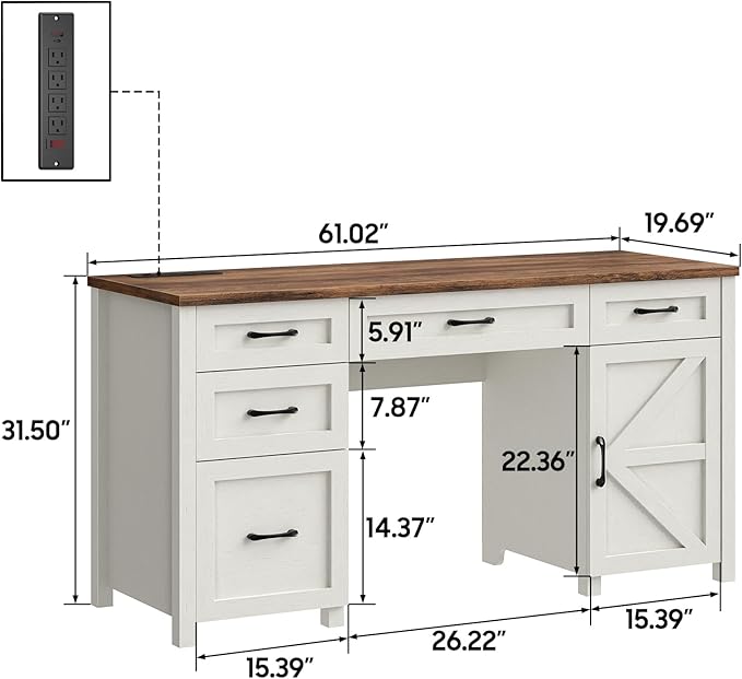 Farmhouse 61'' Executive Desk with 5 Drawers, Rustic Office Desk Computer Desk with Charging Station, File Drawers and Storage Cabinet, Wood Workstation for Home Office and Study, Unique White