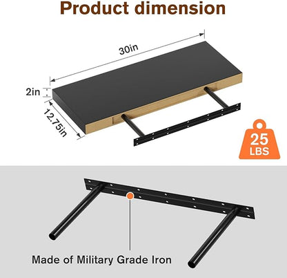 JPND Floating Shelf, Set of 3 Wall Shelf, 30 in W x 12.75 in D x 2 in H Wooden Floating Wall Shelf with Invisible Brackets for Living Room/Bedroom/Bathroom/Kitchen Storage and Decor, Black