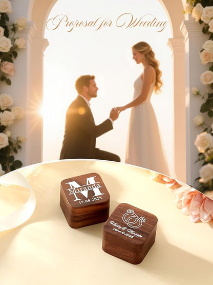 Custom4U Custom Initial Wooden Ring Box 2 Slots Vintage Square Wedding Holder for Proposal Custom Name Ring Bearer for Ceremony Jewelry Gift