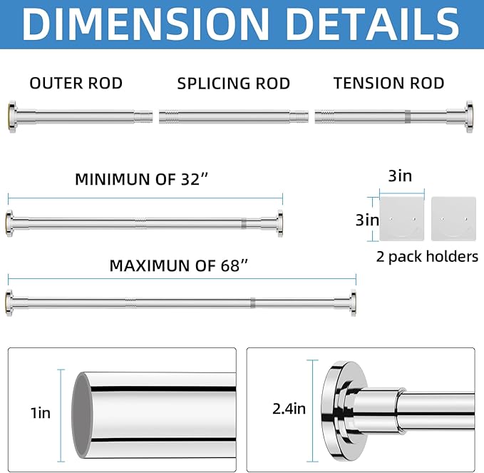 CorkLatta Chrome Shower Curtain Rod,1 Inch Diameter Stainless Steel Adjustable Spring Tension Rods 32 to 68",with Holders,Anti-Slip,Curtain Rods No Drilling(1 Pack)