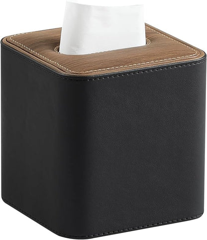Cretkhp Tissue Box Cover Square, Modern PU Leather Tissue Holder with Magnetic Closure for Bathroom NightStands, Decorative Square Tissue Box Holder (Black)
