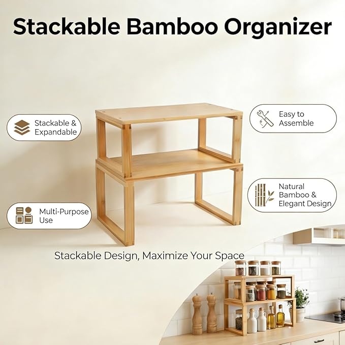 JinDoWin Bamboo Kitchen Cabinet Organizer Shelf | Stackable & Expandable Shelf Organizer | Pantry organizers and storage | Spice Rack Organizer for Cabinet, Holds Dishes & Tableware (2, W11.8″)