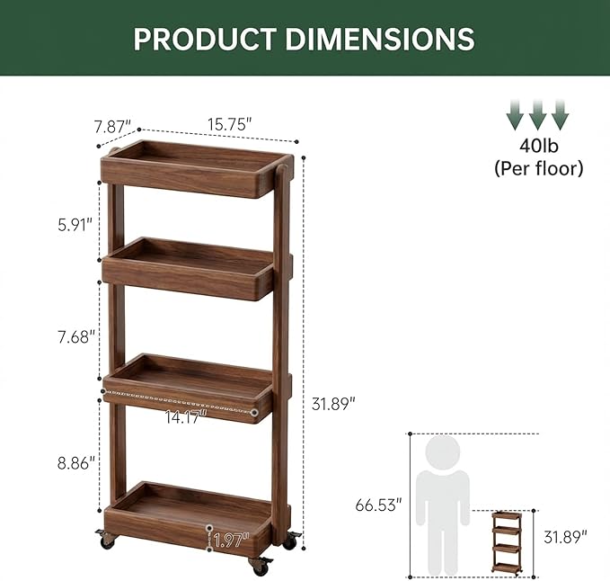4-Tier Rolling Utility Cart with Lockable Wheels – Solid Oak Mobile Storage Trolley & Shelving Organizer for Kitchen, Living Room(Walnut, 7.87" D x 15.75" W x 31.89" H)