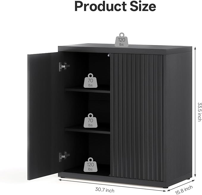 31” Sideboard Cabinet with Storage, Fluted Accent Cabinet with Adjustable Shelves, Modern Wood Credenza Cabinets with Pop-up Doors for Entryway Kitchen Living Room Hallway, Black
