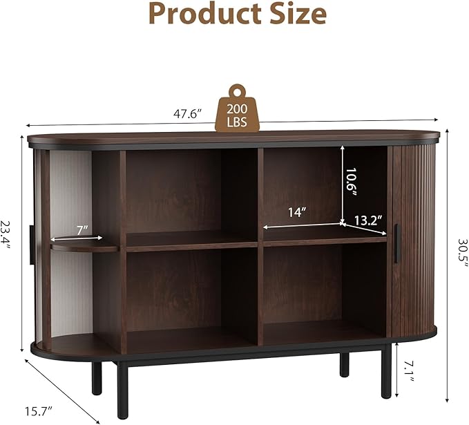 QUW Console Table with Sliding Tambour Doors, 47" TV Stand with Storage & Adjustable Open Shelves for TVs up to 55", Modern Entryway Table for Living Room, Foyer, Hallway, Dark Walnut