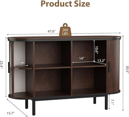 QUW Console Table with Sliding Tambour Doors, 47" TV Stand with Storage & Adjustable Open Shelves for TVs up to 55", Modern Entryway Table for Living Room, Foyer, Hallway, Dark Walnut