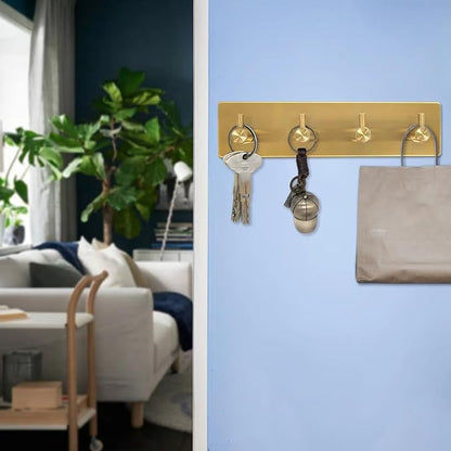 Self Adhesive Key Hook Rack with 4 Hooks for Keys, Masks - Wall Mounted Entryway, Hallway Hanger - Gold