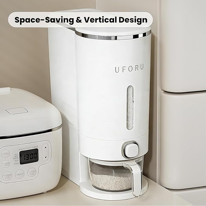 UFORU Rice Dispenser, Rice Storage Container with Measuring Cup for Kitchen Pantry Household, Cereal Dry Food Storage Containers Airtight, Sealed Moisture Proof (White 22 Lbs)