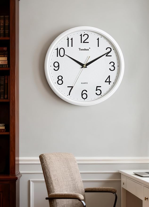Wall Clock Silent Non-Ticking Battery Operated 12 Inch Wood Grain Large Easy to Read 3D Numbers for Office Living Room Bedroom Kitchen (White)
