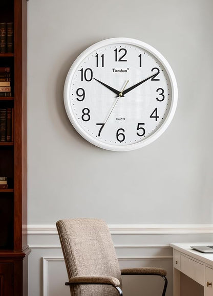 Wall Clock Silent Non-Ticking Battery Operated 12 Inch Wood Grain Large Easy to Read 3D Numbers for Office Living Room Bedroom Kitchen (White)
