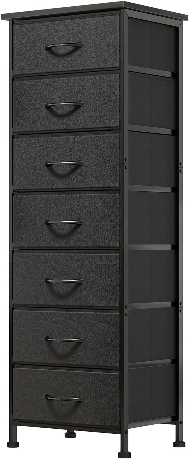 Fixwal Black Tall Skinny Dresser for Bedroom, Narrow Storage Dresser Organizer with 7 Fabric Drawers, Nightstand Furniture in Closet, Entryway, Hallway