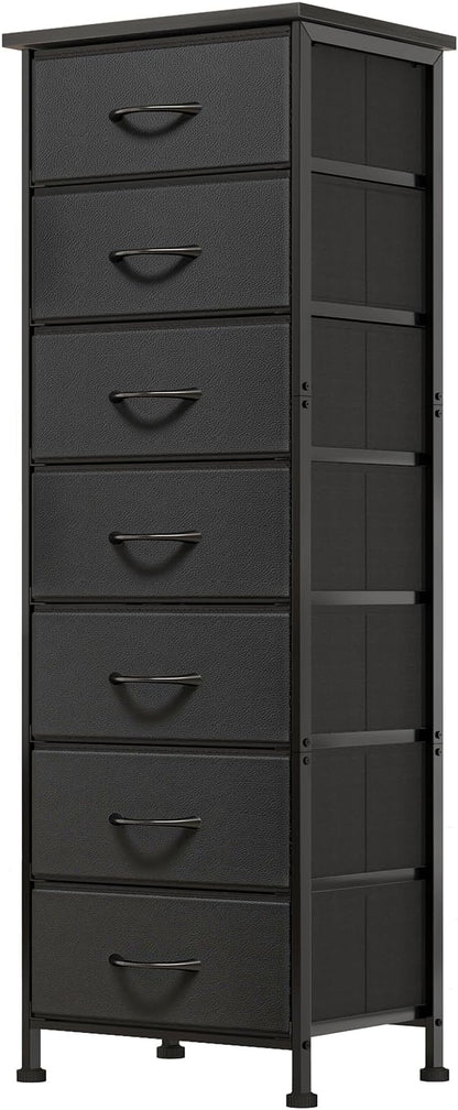 Fixwal Black Tall Skinny Dresser for Bedroom, Narrow Storage Dresser Organizer with 7 Fabric Drawers, Nightstand Furniture in Closet, Entryway, Hallway