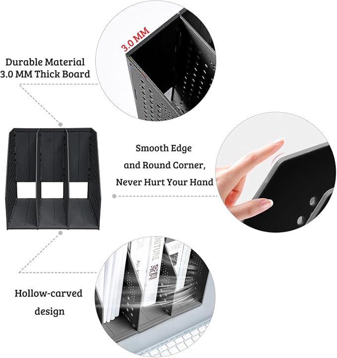 SAYEEC 1Pcs Collapsible Plastic Magazine File Holder Vertical Binder Storage Organizer for Desk Sturdy Upright Desktop Magazine Organizer Folder Rack for Office School Home (3 Compartments, Black)