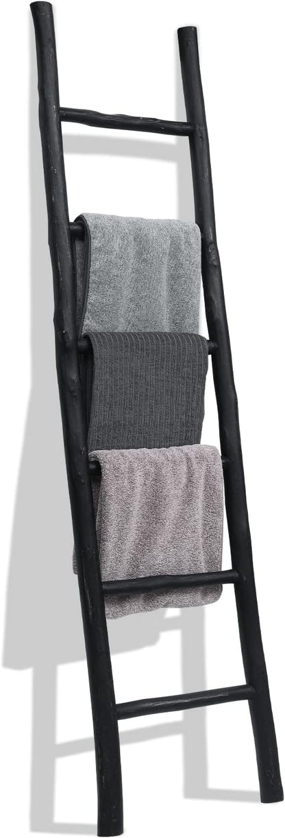 FUIN Fully Assembled 6ft Wood Blanket Ladder Living Room Decorative Wall Leaning Farmhouse Quilt Display Holder Rustic Wooden Towel Rack for Bathroom, Black